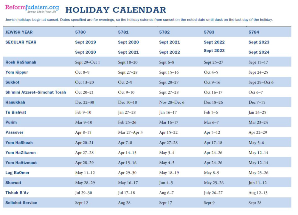 Reform Judaism 2020-2024 Holiday Calendars